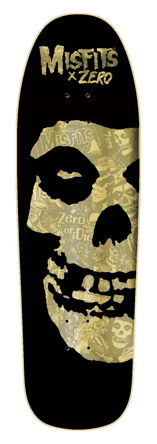 Zero Skateboard Deck Misfits Fiend Skull Collage Gold Foil .png